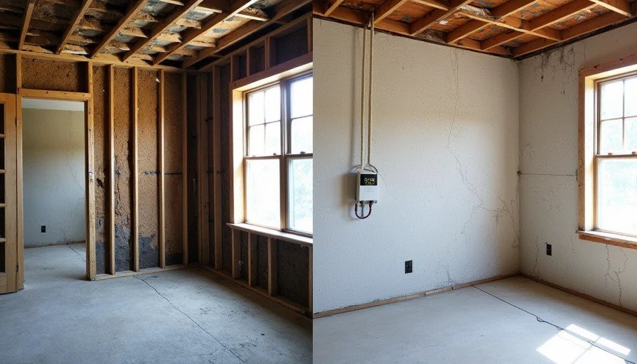 Water damage repair progression in older home